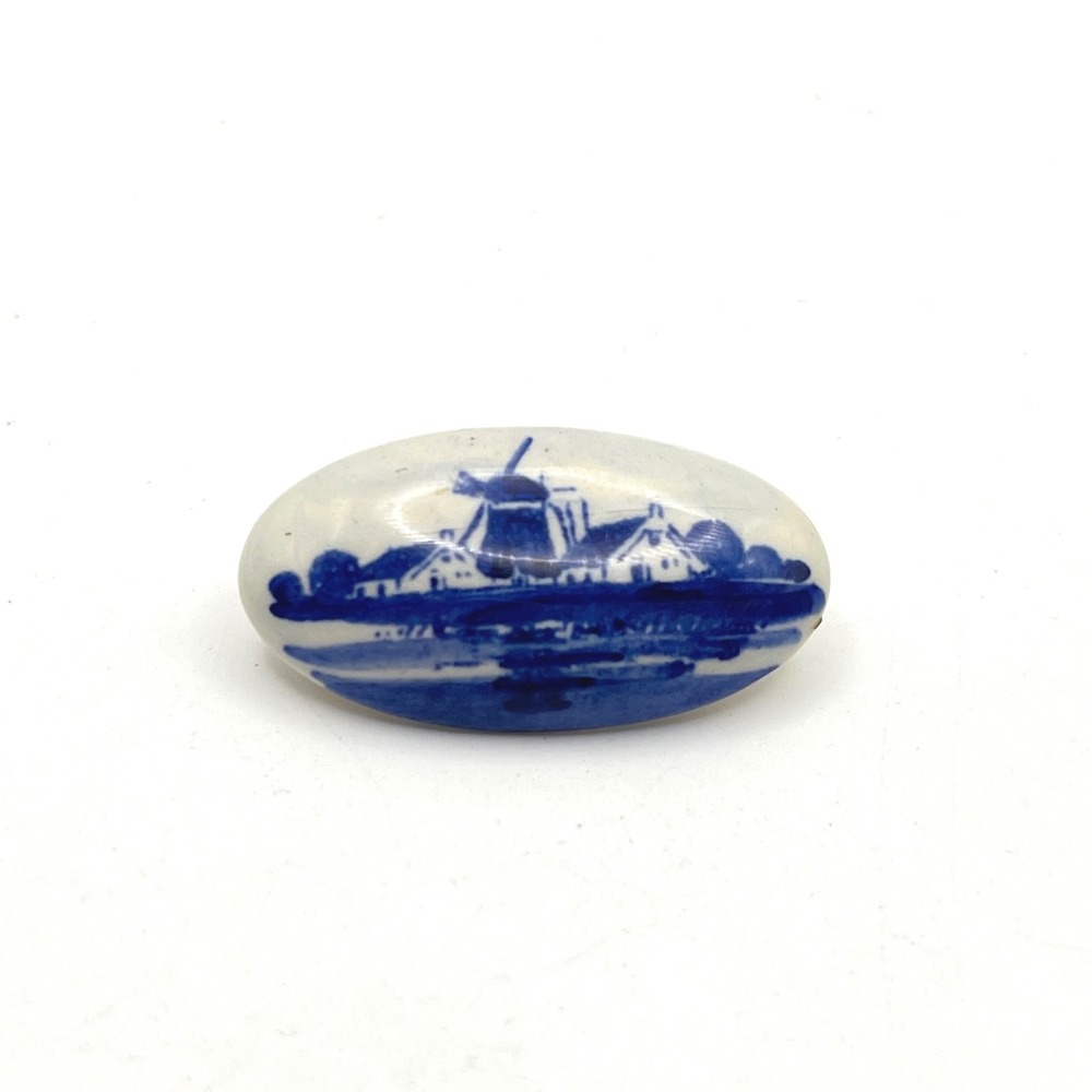Vintage Delft Blue Porcelain Windmill Brooch Dutch Hand Painted Oval Pin